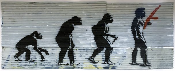 Graffiti art of human evolution holding an AK-47.