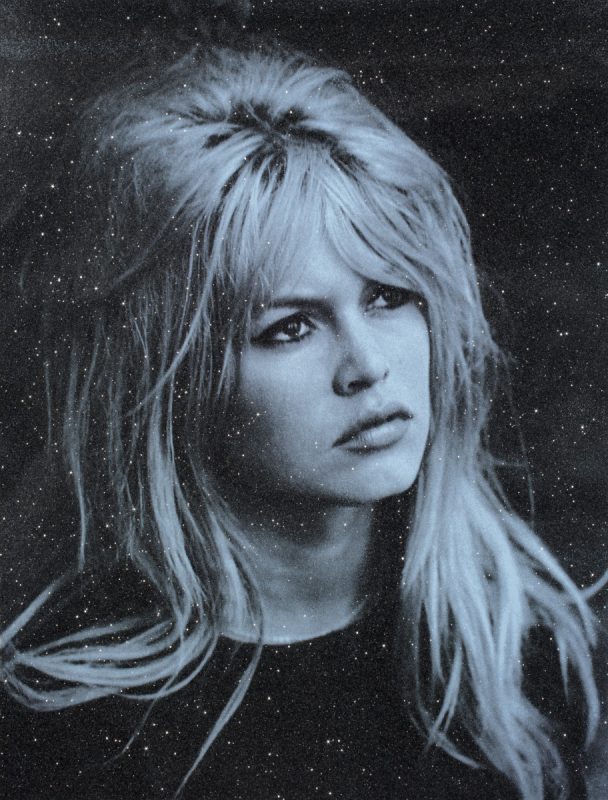 Black and white portrait of Brigitte Bardot.