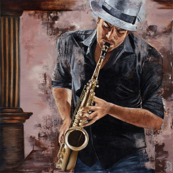 Man playing saxophone with gray hat.