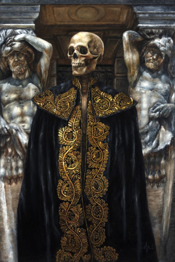 A skeleton wearing a black and gold robe.