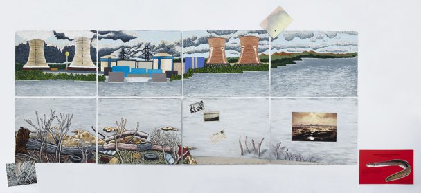 Painting of a nuclear power plant by the water.