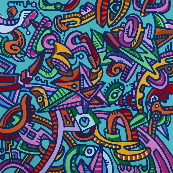 Colorful abstract painting with geometric shapes.