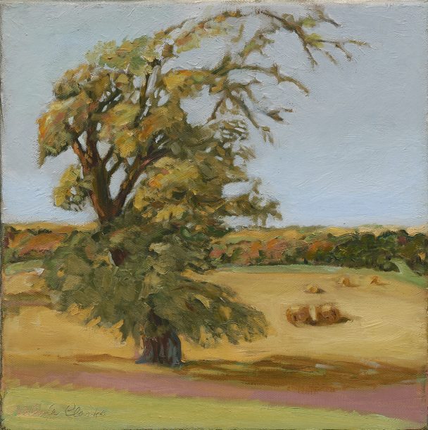 An oil painting of an autumn tree and hay bales.