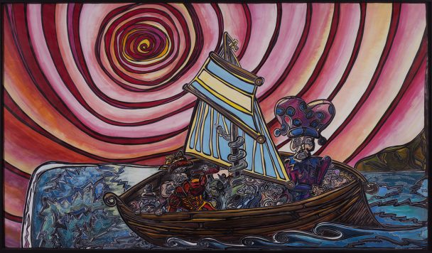 A painting of a ship at sea with a spiral in the background.