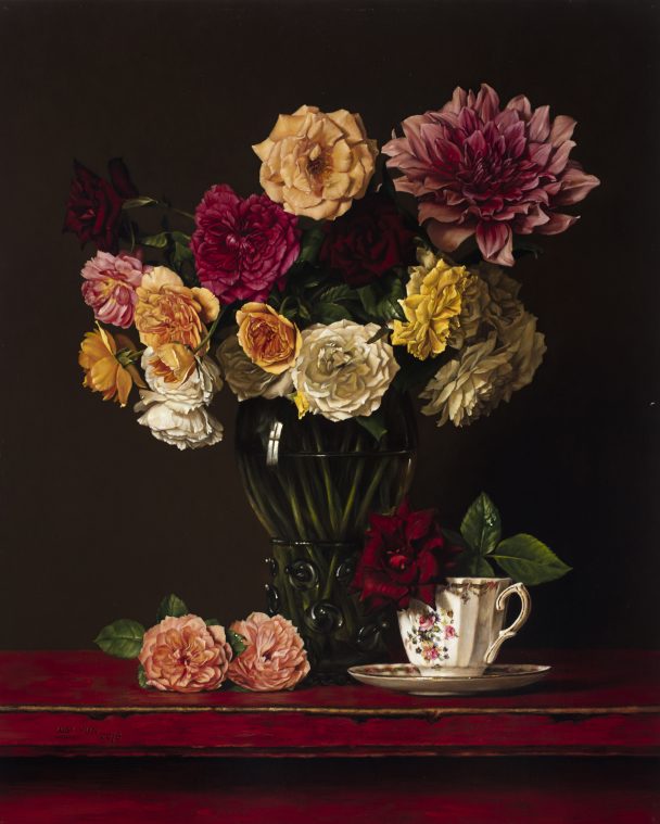 A painting of roses and dahlias in a vase on a table.