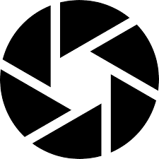 A black and white camera shutter icon.